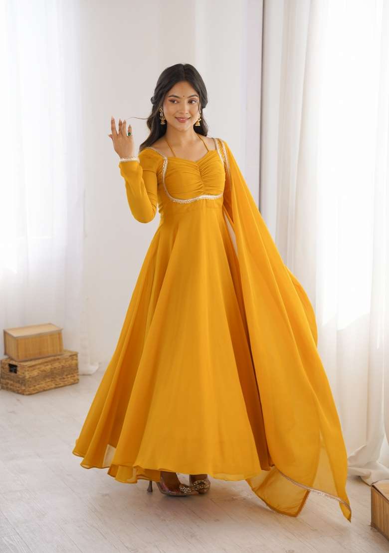 Yellow Lace Work Georgette Anarkali With Dupatta - Indya