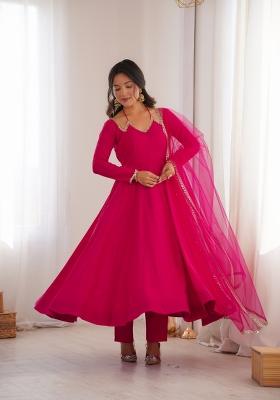 Rani Pink Mirror Work Silk Anarkali Set