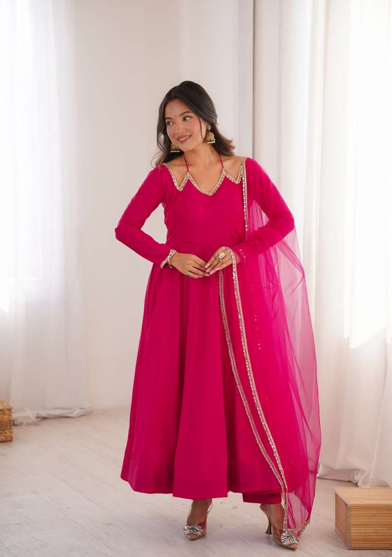 Rani Pink Mirror Work Silk Anarkali Set - Indya