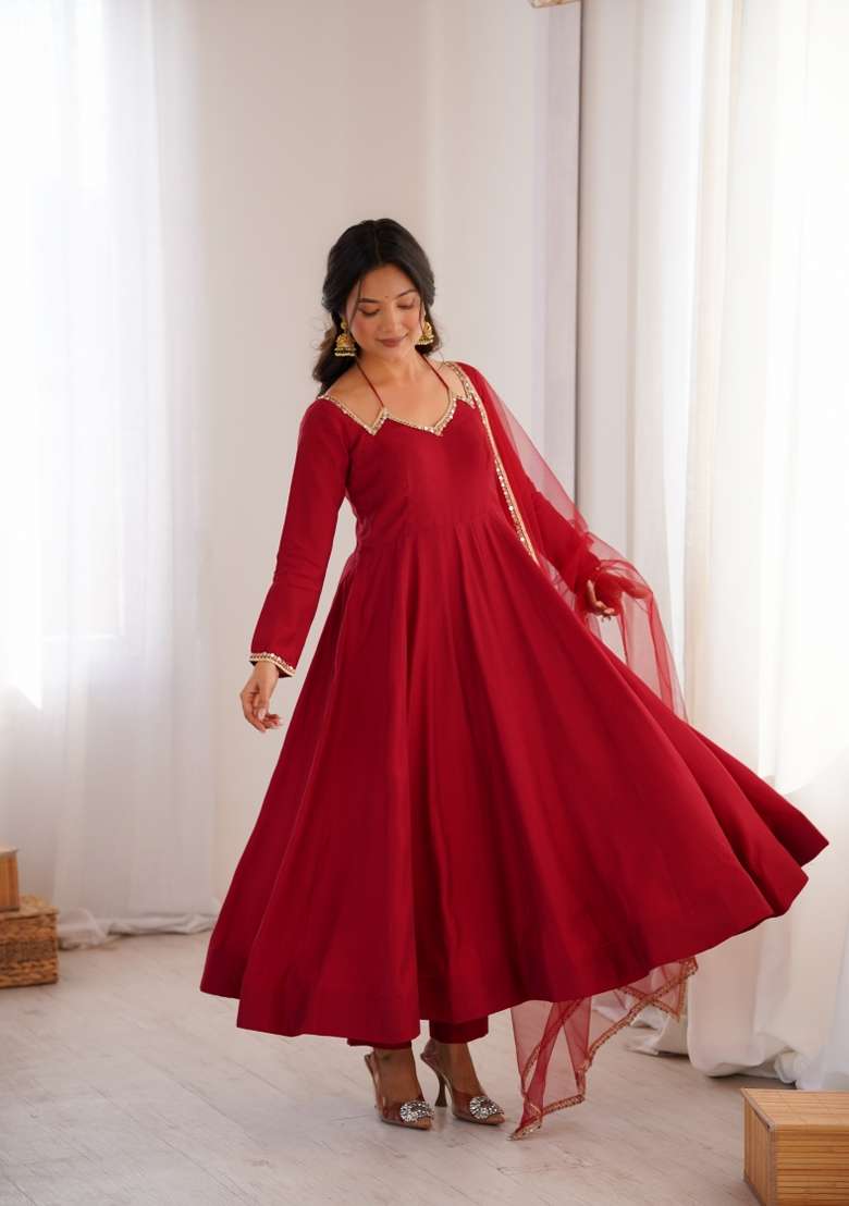 Maroon Mirror Work Silk Anarkali Set - Indya