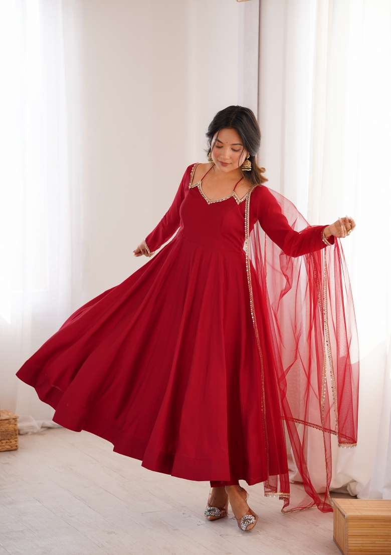 Maroon Mirror Work Silk Anarkali Set - Indya