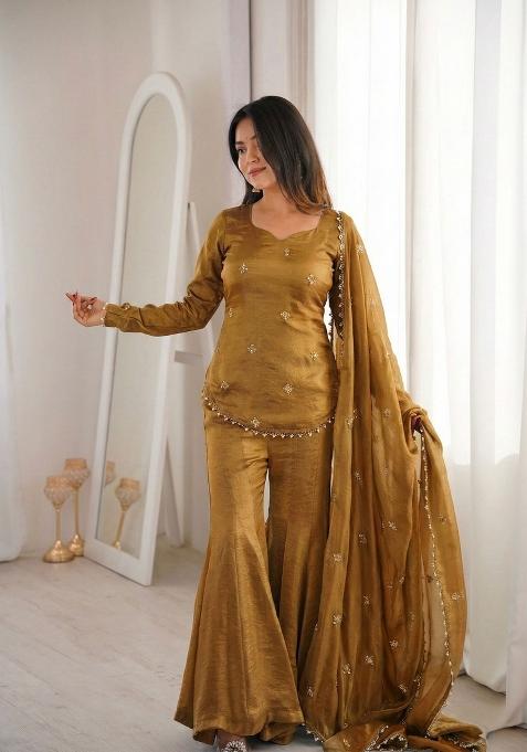 Mustard Embroidered Silk Sharara Set