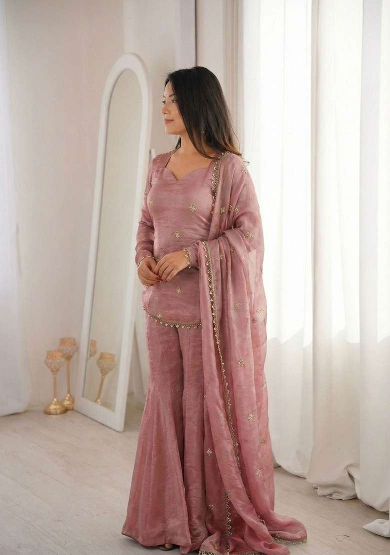 Pink Embroidered Silk Sharara Set - Indya