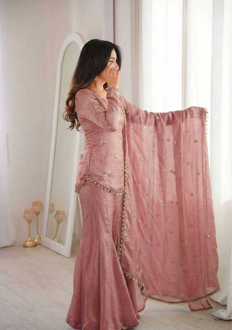 Pink Embroidered Silk Sharara Set - Indya