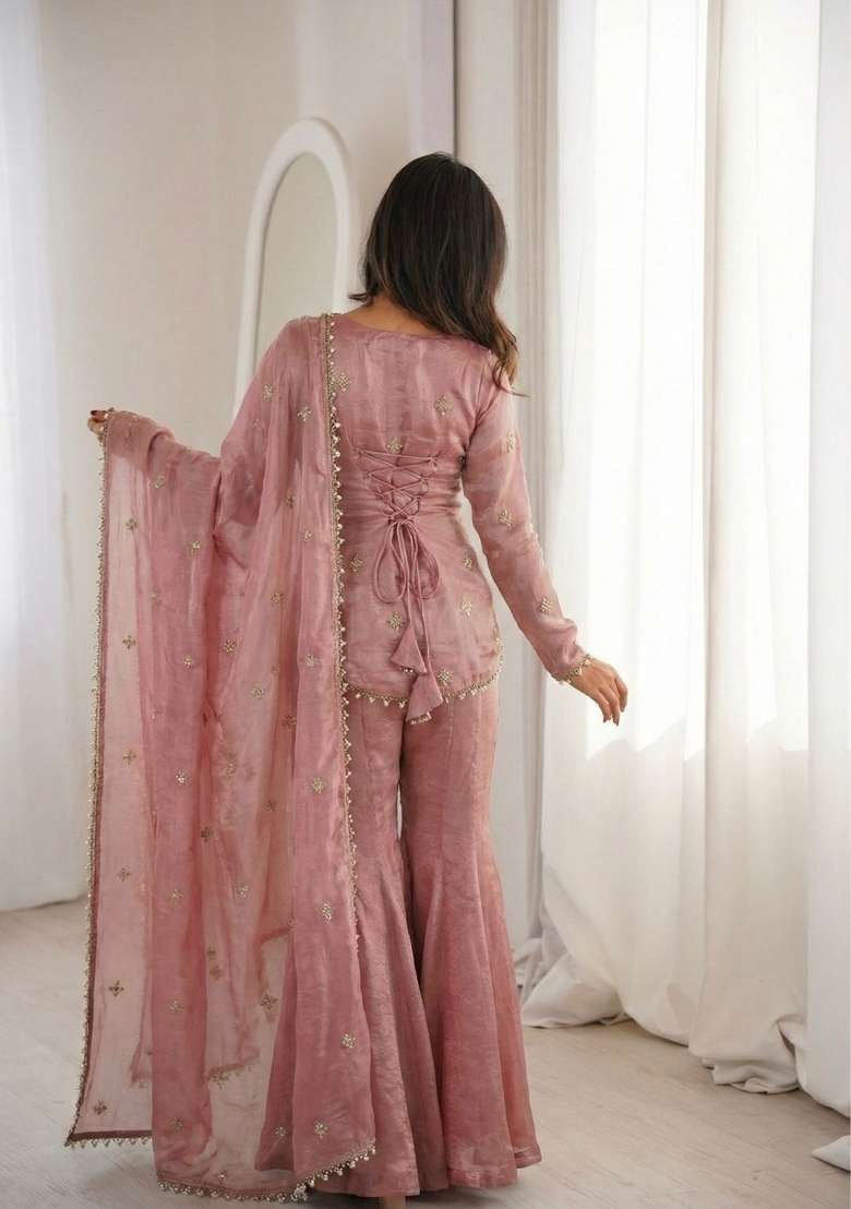 Pink Embroidered Silk Sharara Set - Indya