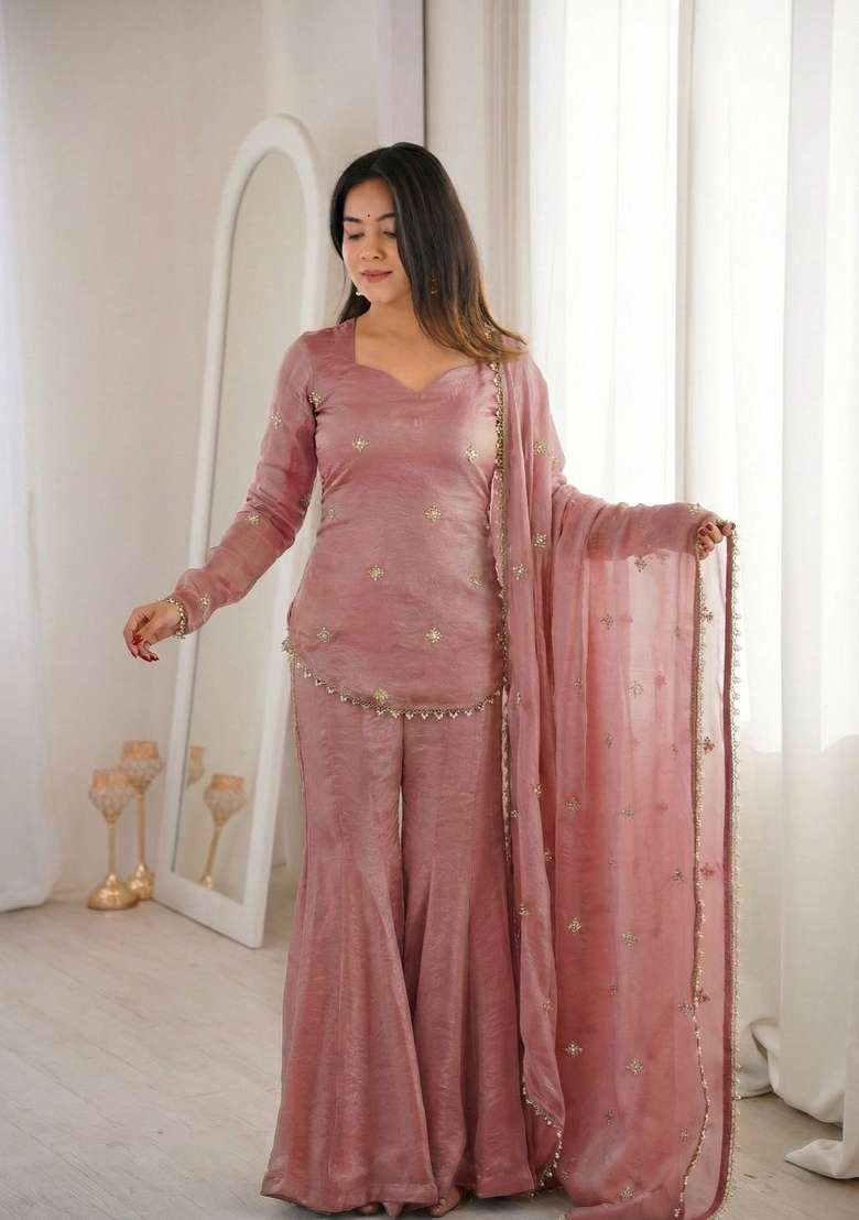 Pink Embroidered Silk Sharara Set - Indya