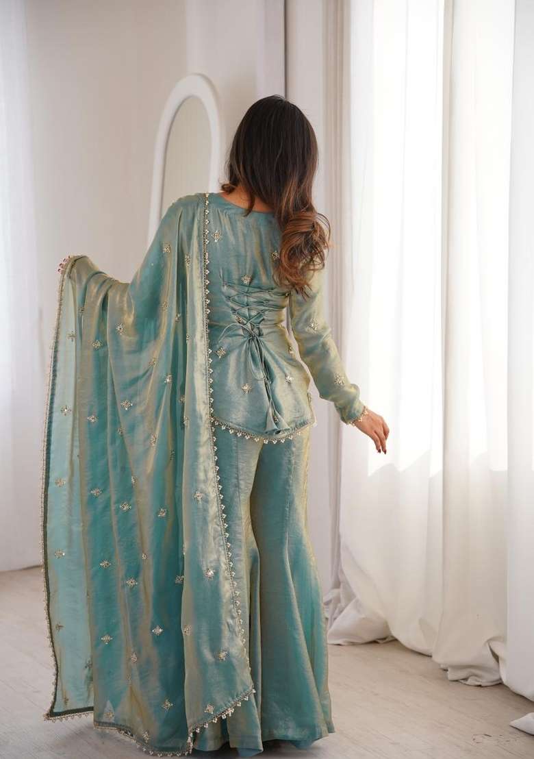 Teal Embroidered Silk Sharara Set - Indya