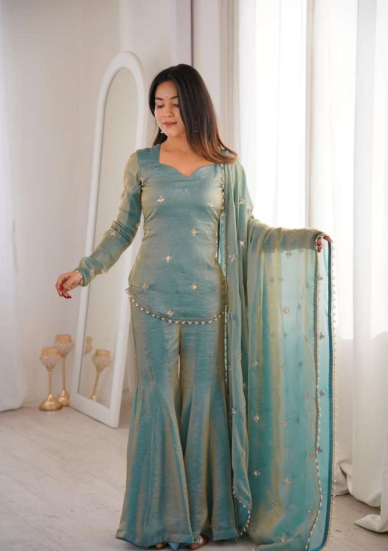 Teal Embroidered Silk Sharara Set - Indya