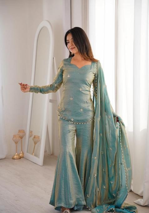 Teal Embroidered Silk Sharara Set