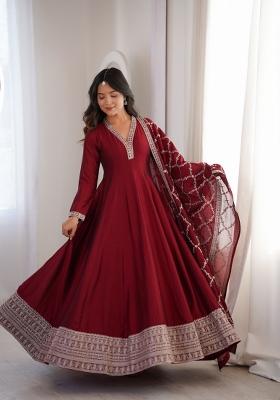 Maroon Embroidered Silk Anarkali Set