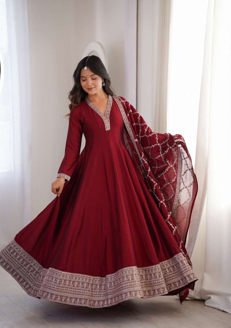 Maroon Embroidered Silk Anarkali Set - Indya