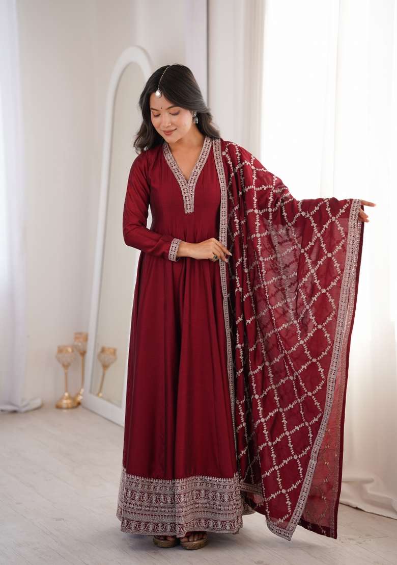 Maroon Embroidered Silk Anarkali Set - Indya