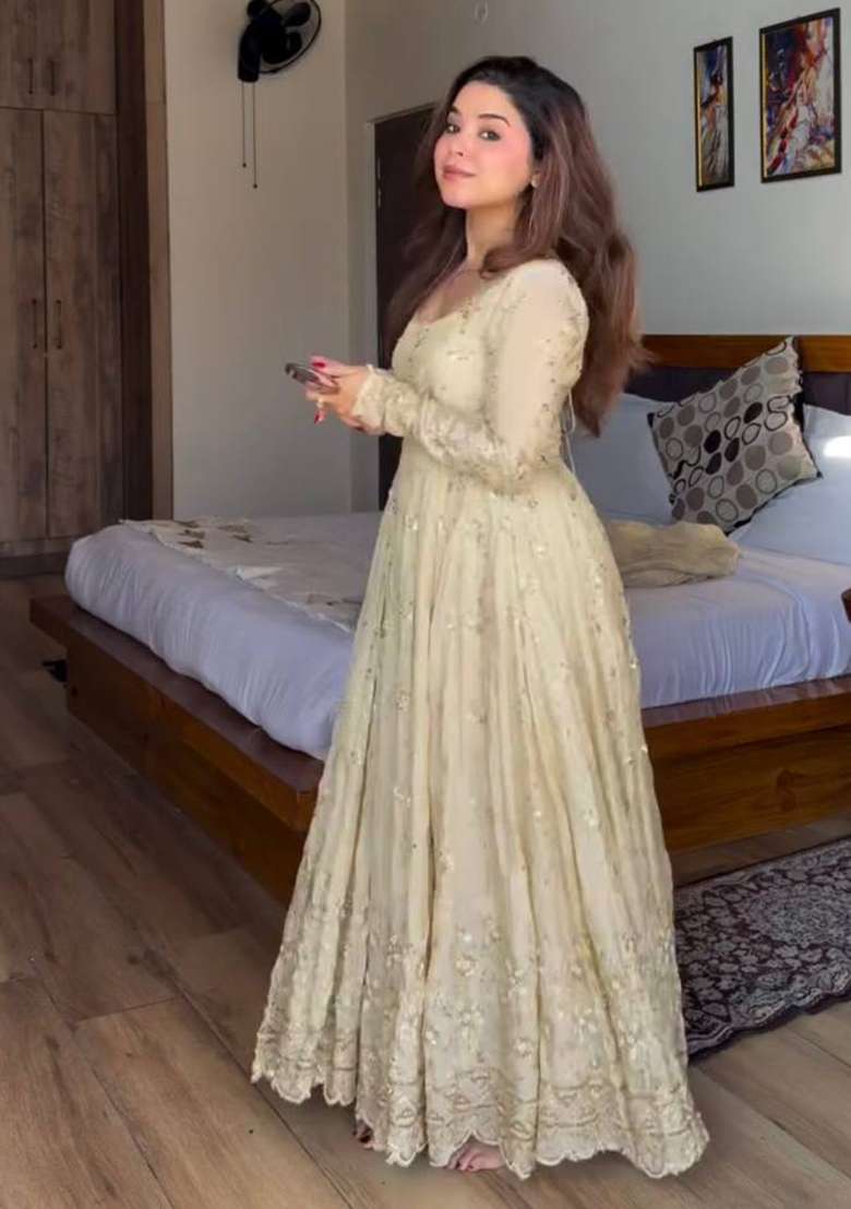 White Embroidered Silk Anarkali Set - Indya