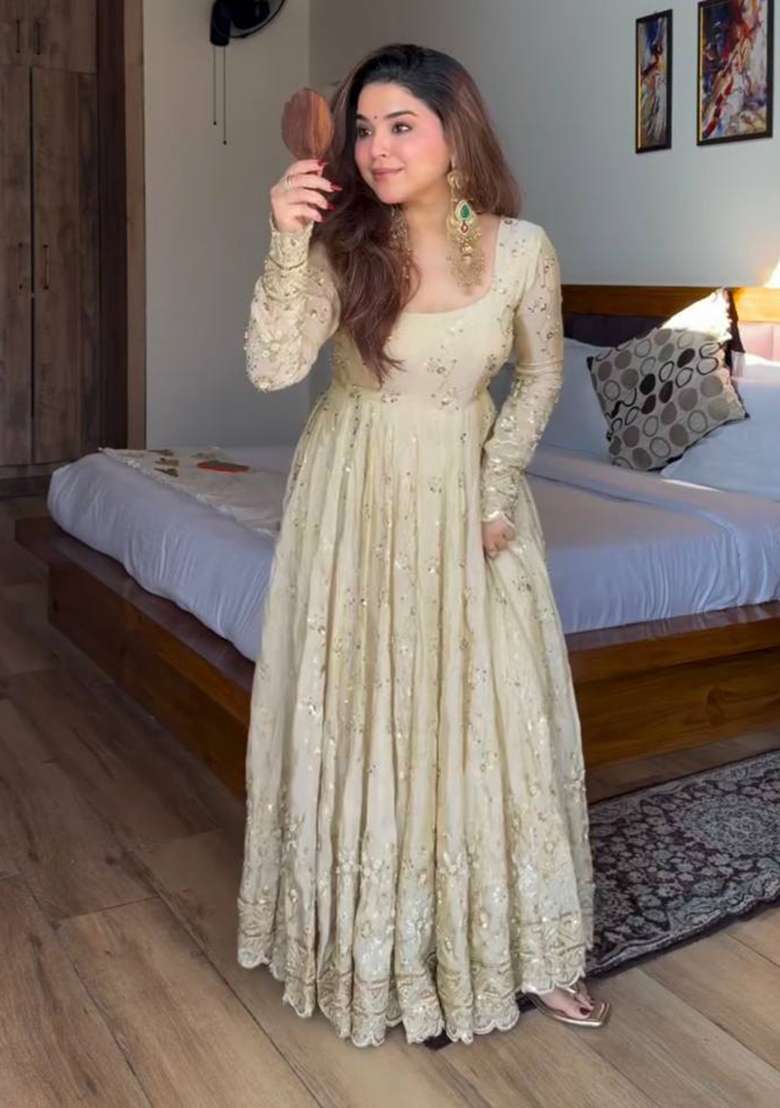 White Embroidered Silk Anarkali Set - Indya
