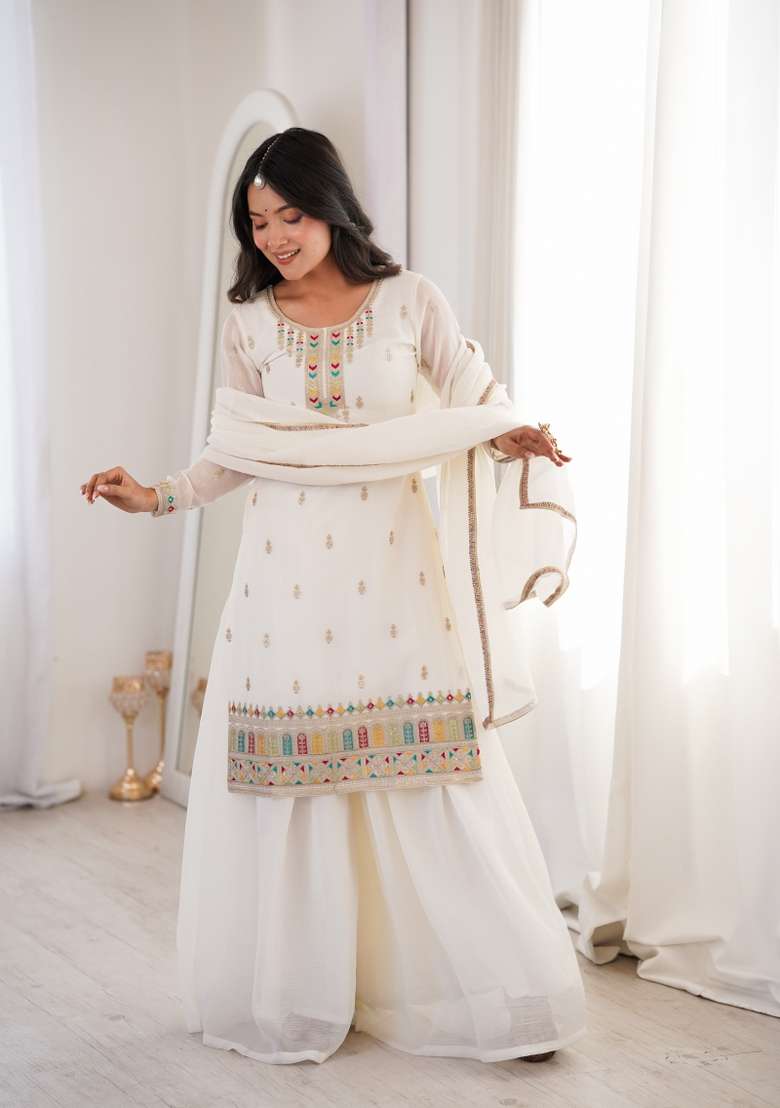 White Embroidered Silk Sharara Set - Indya