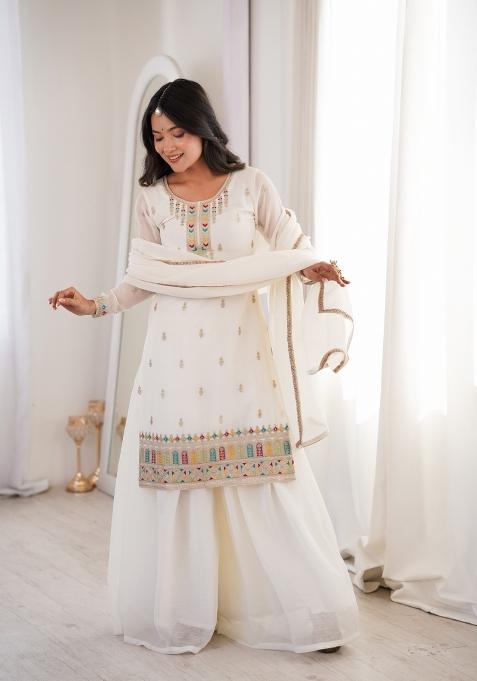White Embroidered Silk Sharara Set
