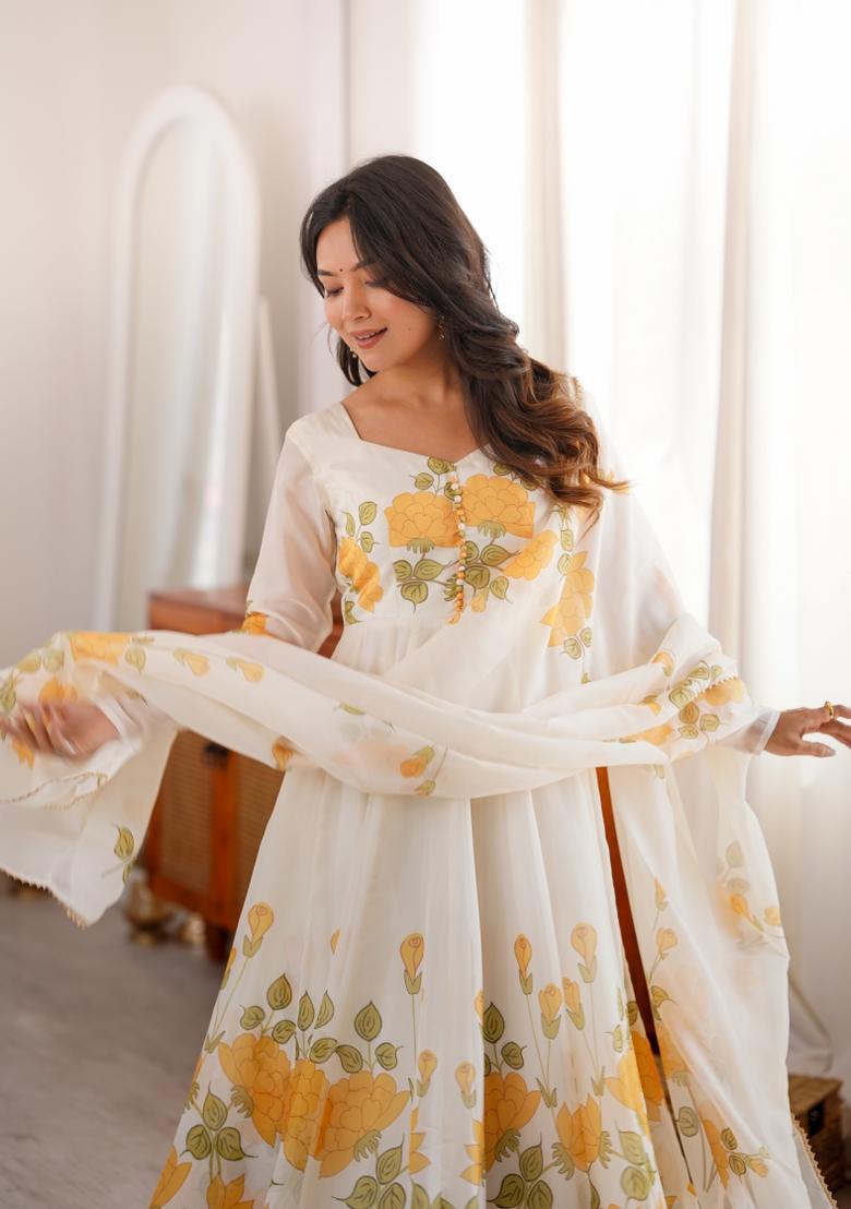 Cream Printed Organza
 Kurta Set - Indya