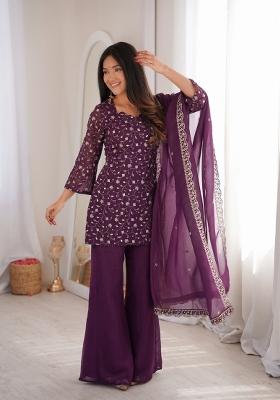 Wine Embroidered Crunchy Kurta Set
