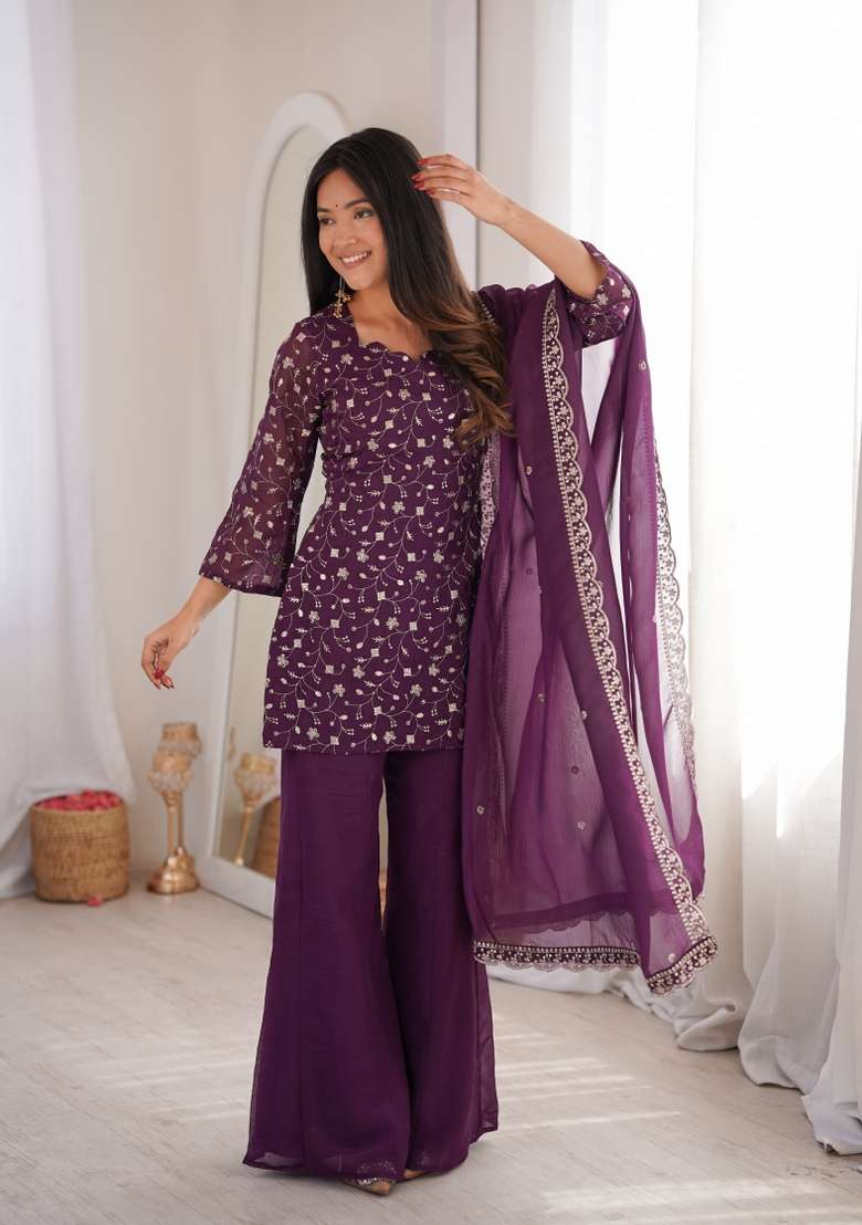 Wine Embroidered Crunchy Kurta Set - Indya