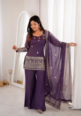 Purple Embroidered Crunchy Kurta Set
