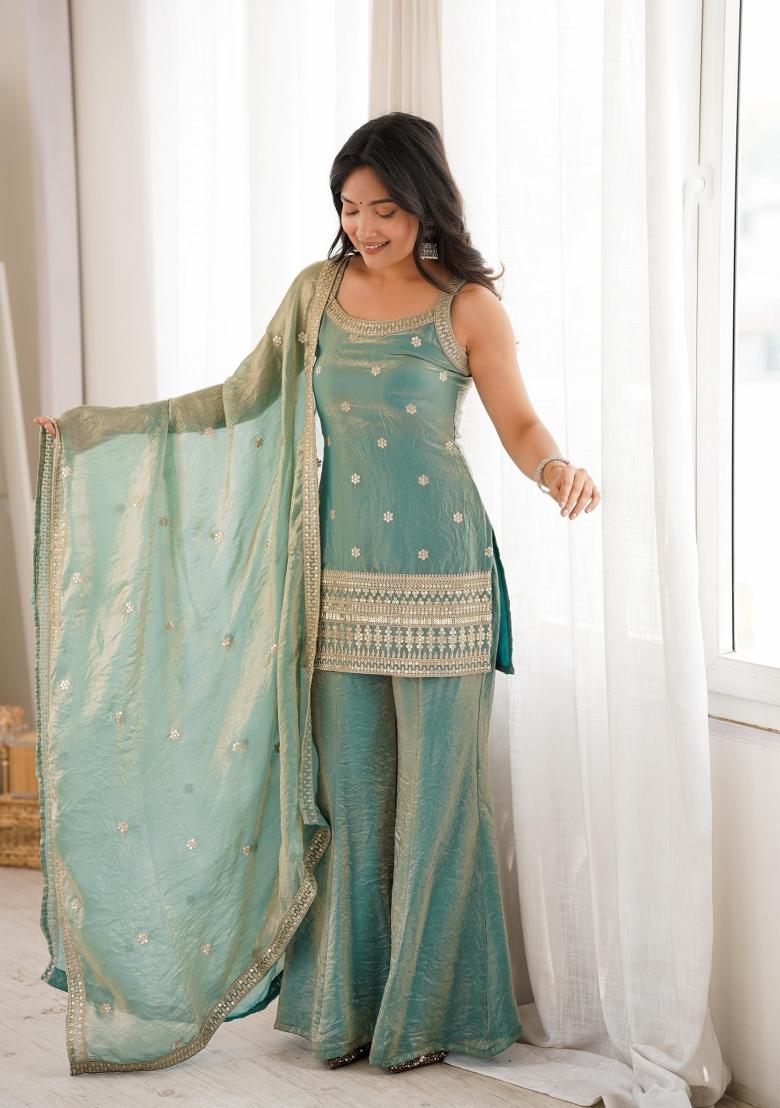 Sea Green Embroidered Fendi Kurta Set - Indya