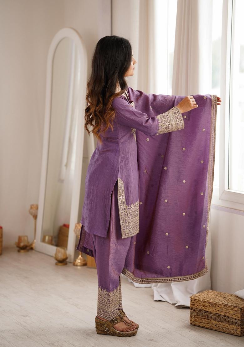 Wine Embroidered Chinon Kurta Set - Indya