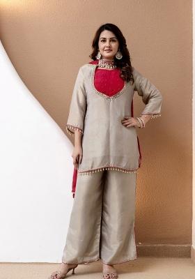 Beige Embroidered Silk Blend Kurta Set