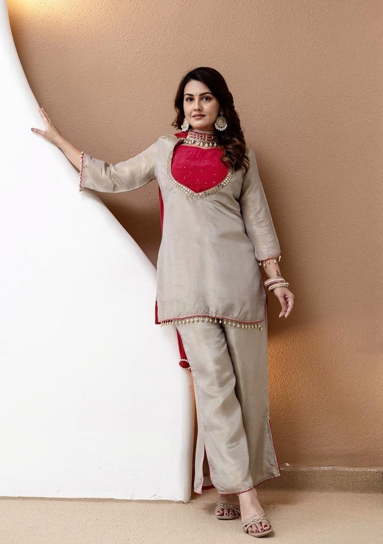 Beige Embroidered Silk Blend Kurta Set - Indya
