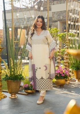Off White Printed Muslin Kurta Set