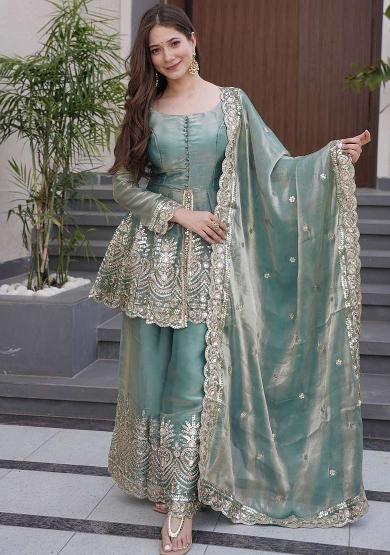 Sky Blue Embroidered Silk Palazzo Set - Indya