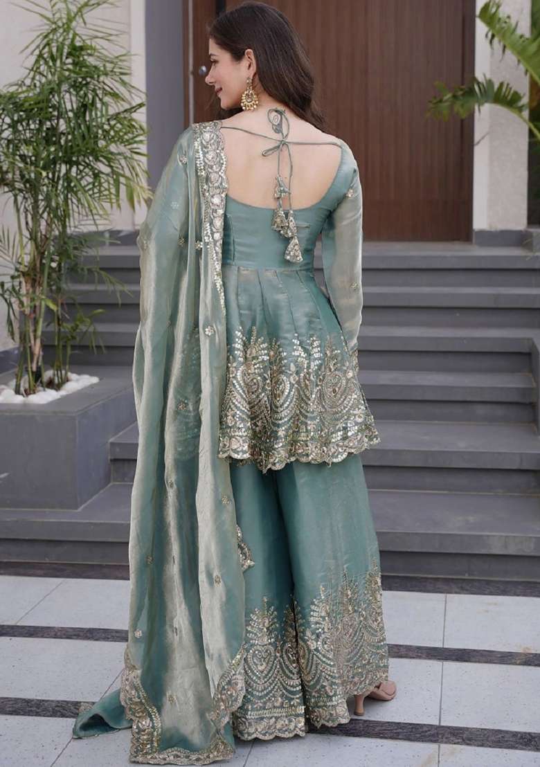 Sky Blue Embroidered Silk Palazzo Set - Indya