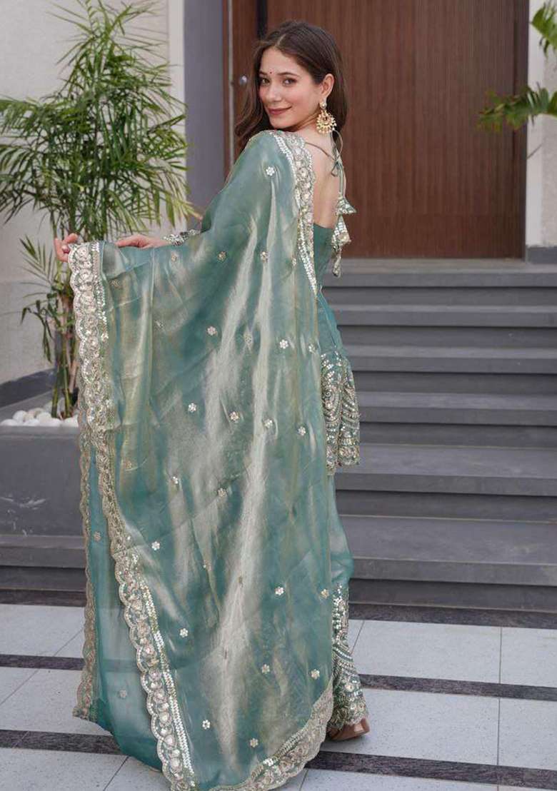 Sky Blue Embroidered Silk Palazzo Set - Indya
