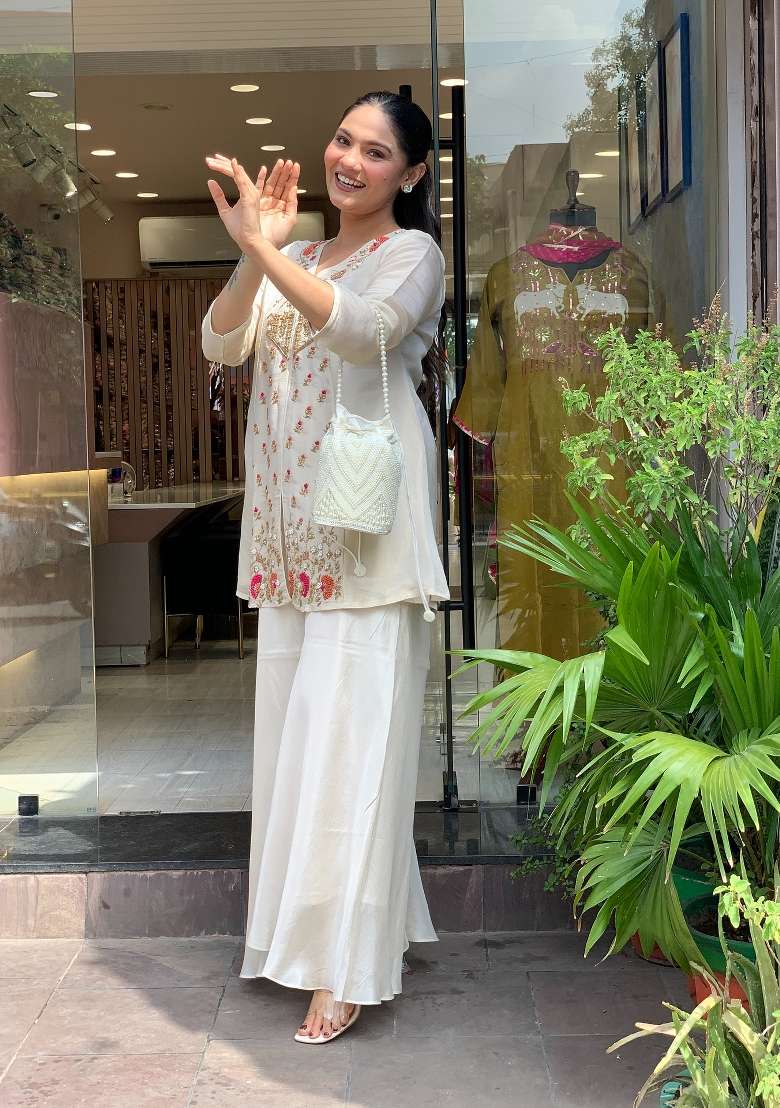 White Embroidered Silk Palazzo Set - Indya