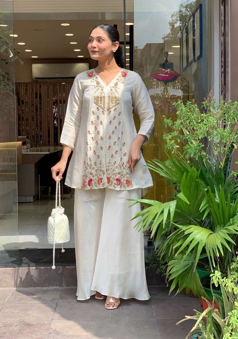 White Embroidered Silk Palazzo Set - Indya