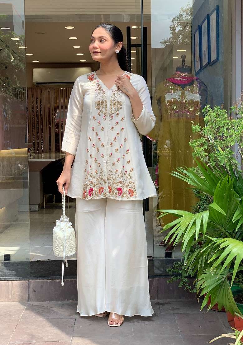 White Embroidered Silk Palazzo Set - Indya