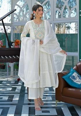 White Embroidered Cotton Anarkali Set