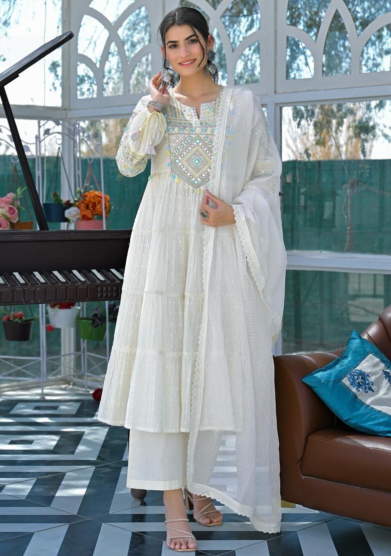 White Embroidered Cotton Anarkali Set - Indya