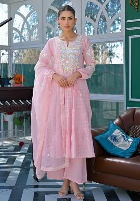 Pink Embroidered Cotton Anarkali Set