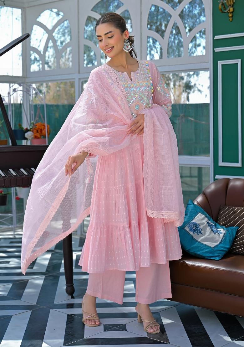 Pink Embroidered Cotton Anarkali Set - Indya