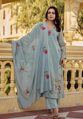 Light Blue Embroidered Silk Blend Kurta Set