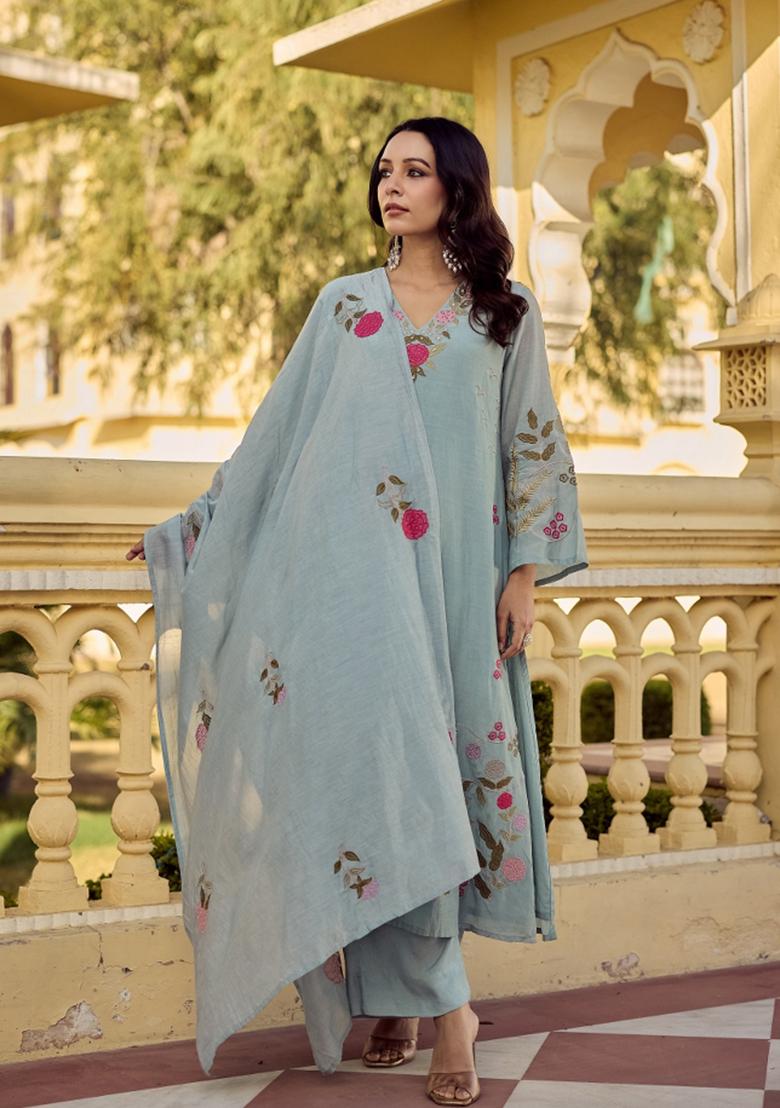Light Blue Embroidered Silk Blend Kurta Set - Indya
