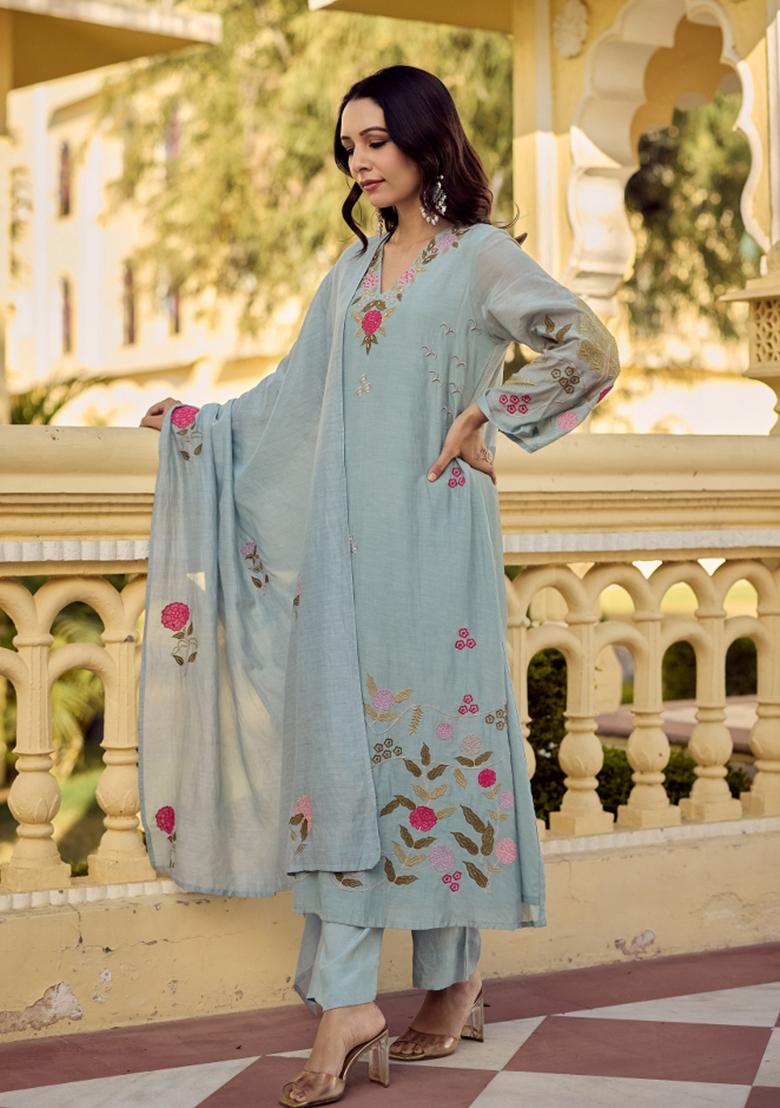 Light Blue Embroidered Silk Blend Kurta Set - Indya