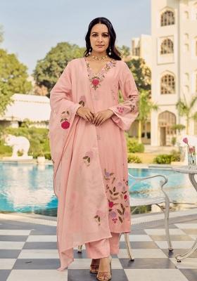 Peach Embroidered Silk Blend Kurta Set