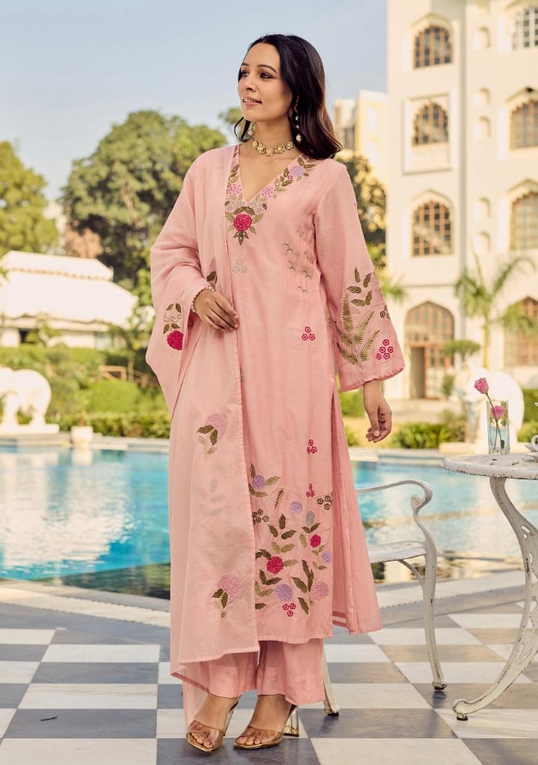 Peach Embroidered Silk Blend Kurta Set - Indya