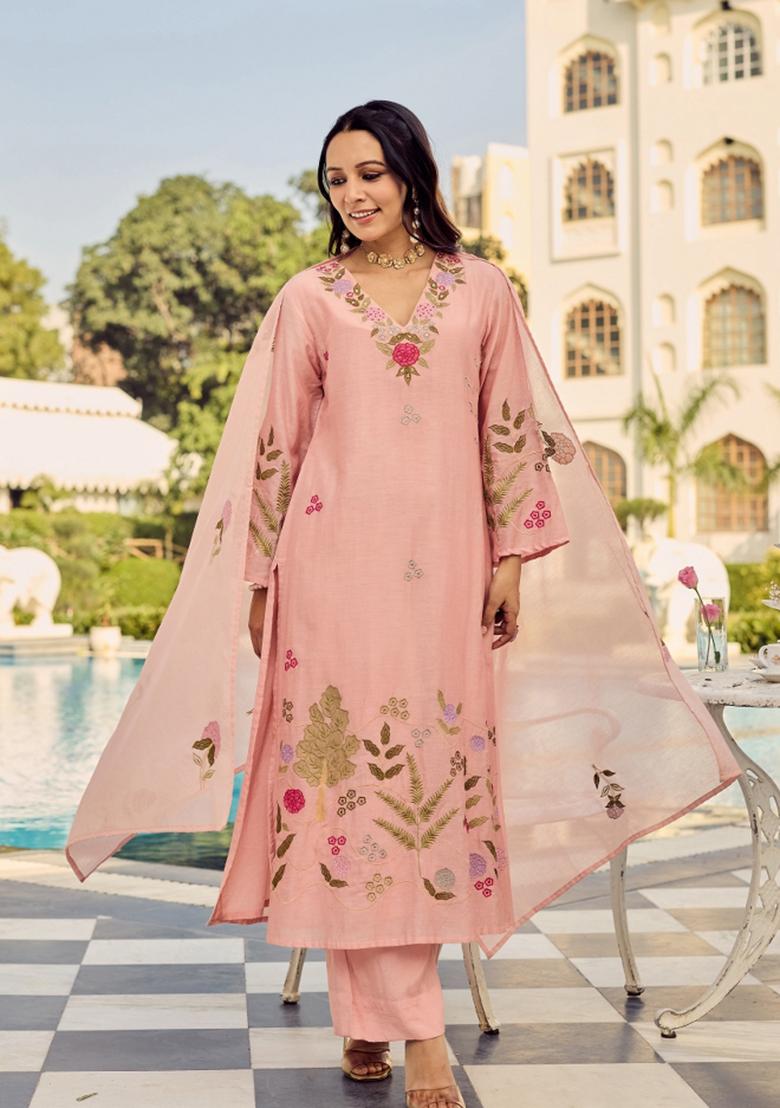 Peach Embroidered Silk Blend Kurta Set - Indya