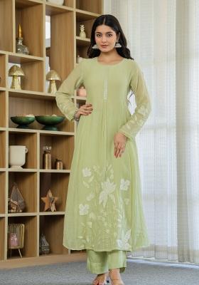 Pista Thread Work Silk Blend Anarkali Set