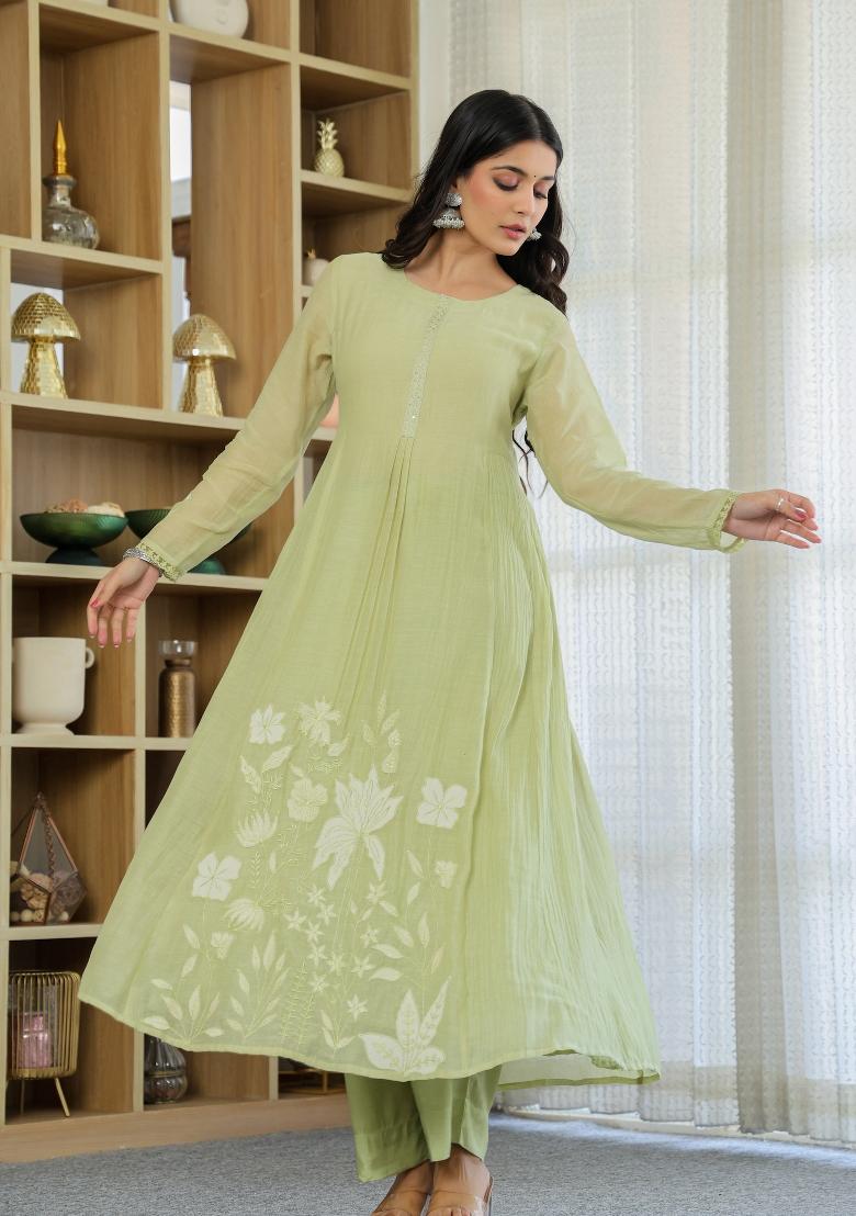 Pista Thread Work Silk Blend Anarkali Set - Indya