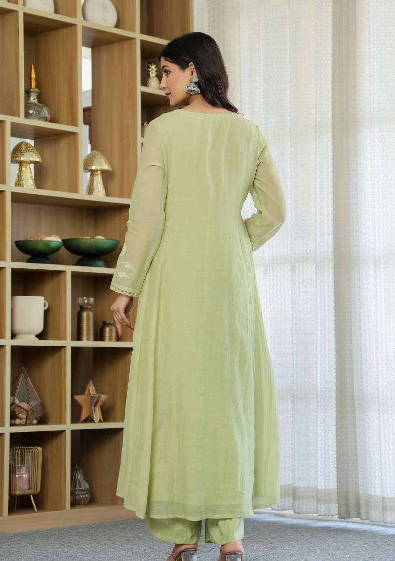 Pista Thread Work Silk Blend Anarkali Set - Indya
