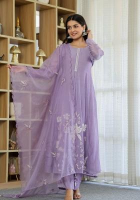 Lavender Thread Work Silk Blend Anarkali Set