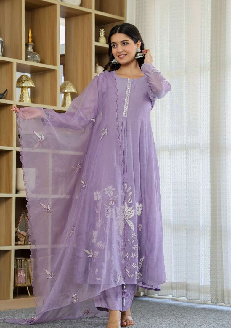 Lavender Thread Work Silk Blend Anarkali Set - Indya